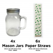 Unowall Set of 4 Mason Jars with Silver Lids & Straw Holes - with Set of 6 Straws - White with Green Shamrocks (JM-STRAW-1006)