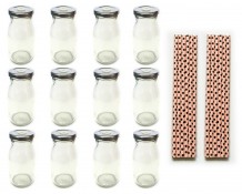 Unowall Set of 12 Milk Bottles with Silver Lids & Holes with 12x Straws (2x JM-STRAW-901 - Light Pink with Black Dots )